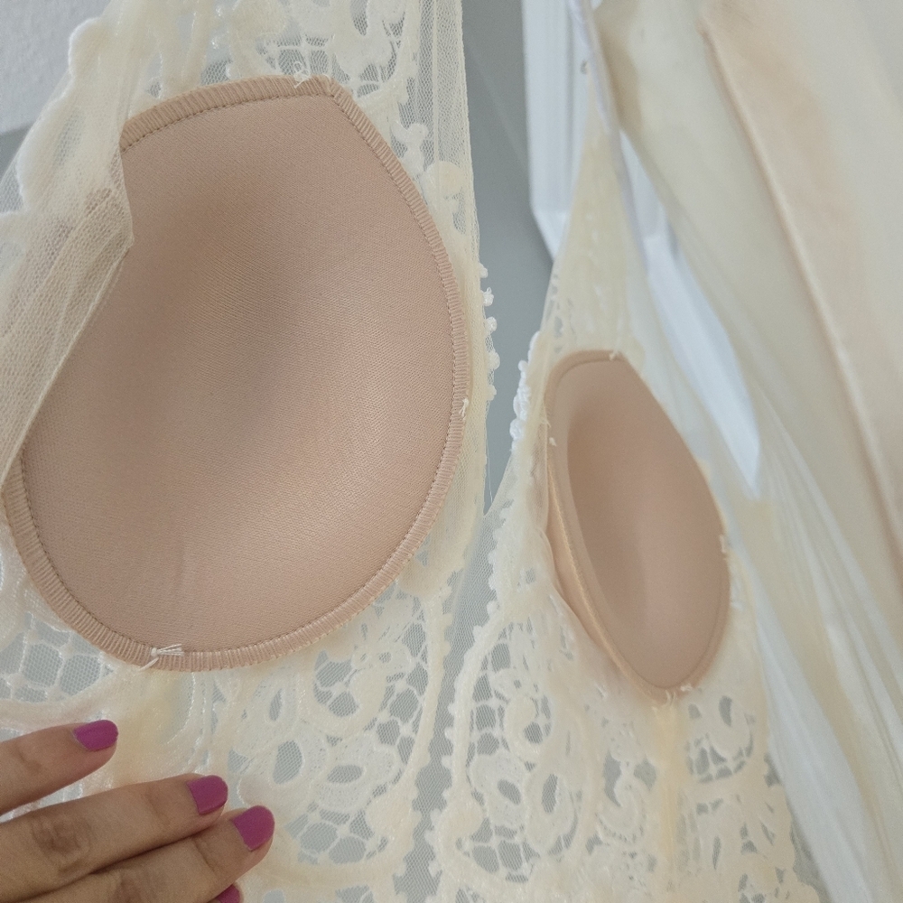 Tara Keely lace applique sheer ivory chiffon flowy wedding dress sz Small 2/4 - Picture 8 of 16